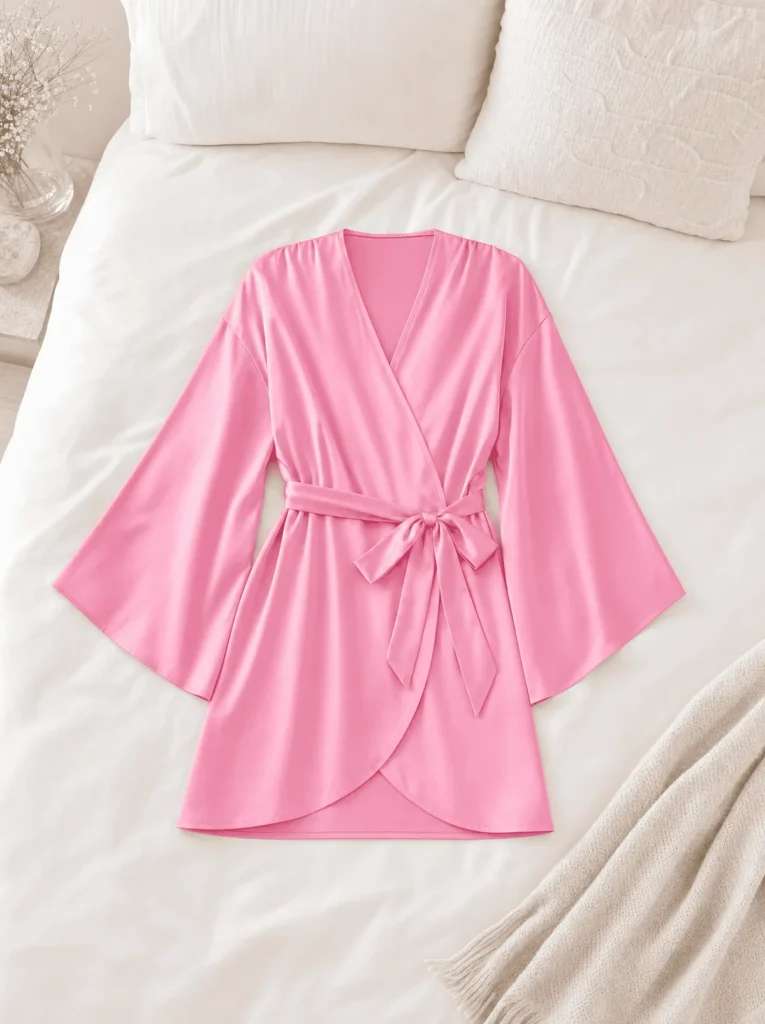 Pink satin wrap robe with belt tied in a bow on white bed linens