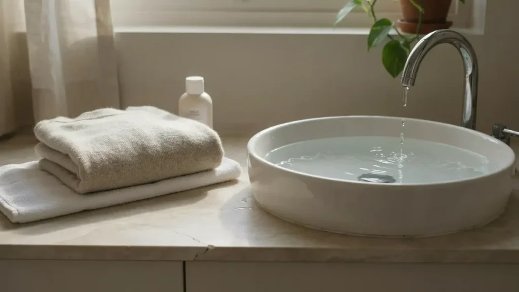 Folded beige cashmere sweater beside a sink of cool water