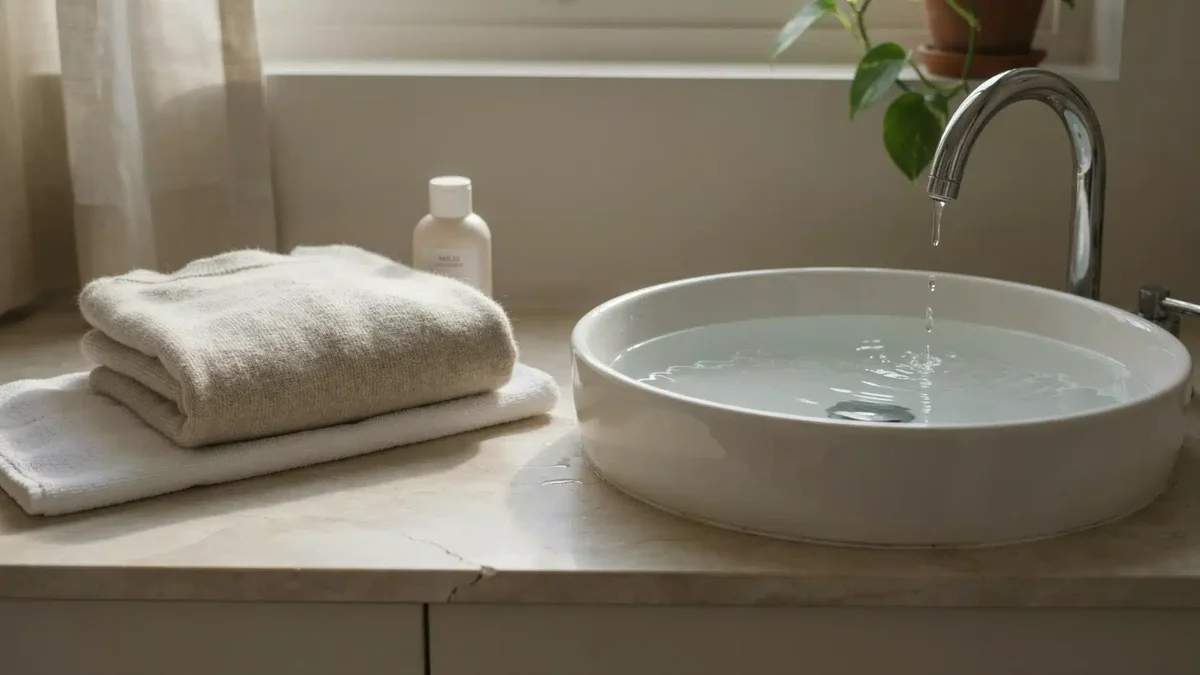 Folded beige cashmere sweater beside a sink of cool water