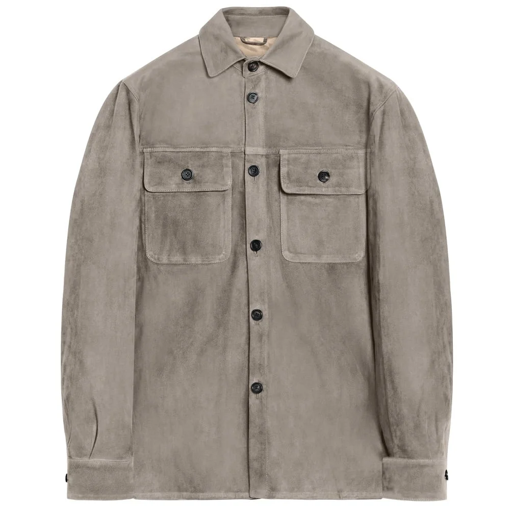 Grey suede shirt jacket with two chest pockets
