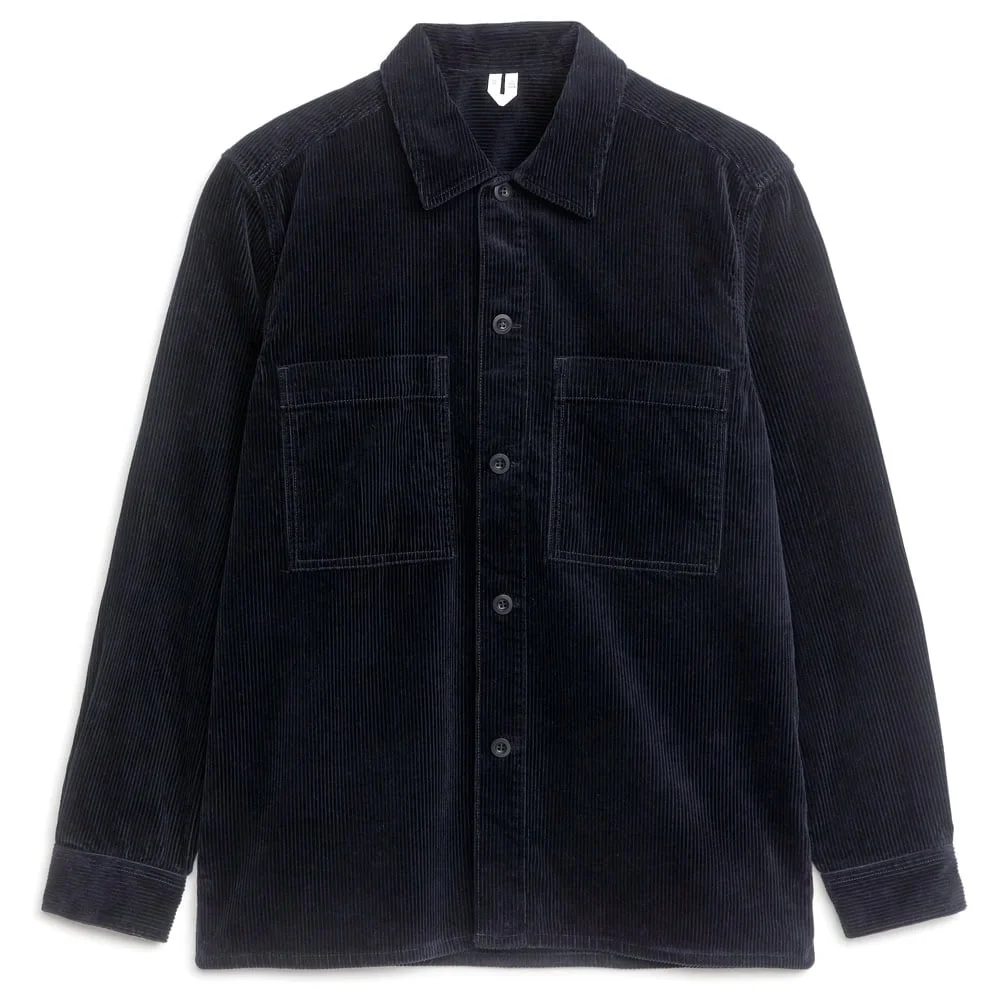 Black corduroy button-up shirt with two chest pockets