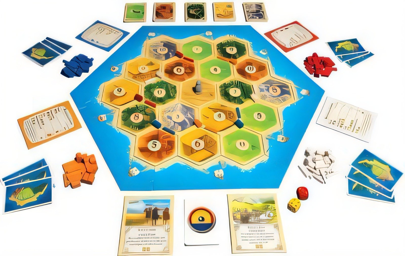 Colorful hexagonal Catan board game with cards and pieces