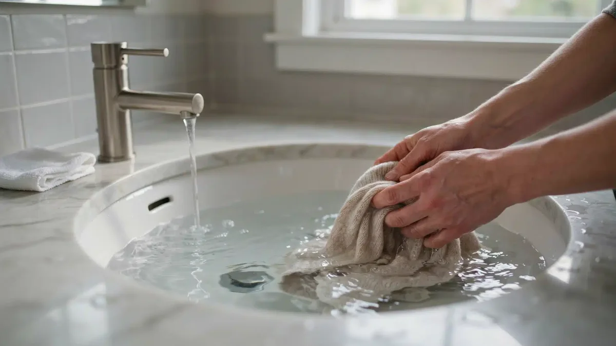 Hands swishing a cashmere sweater in a basin of water