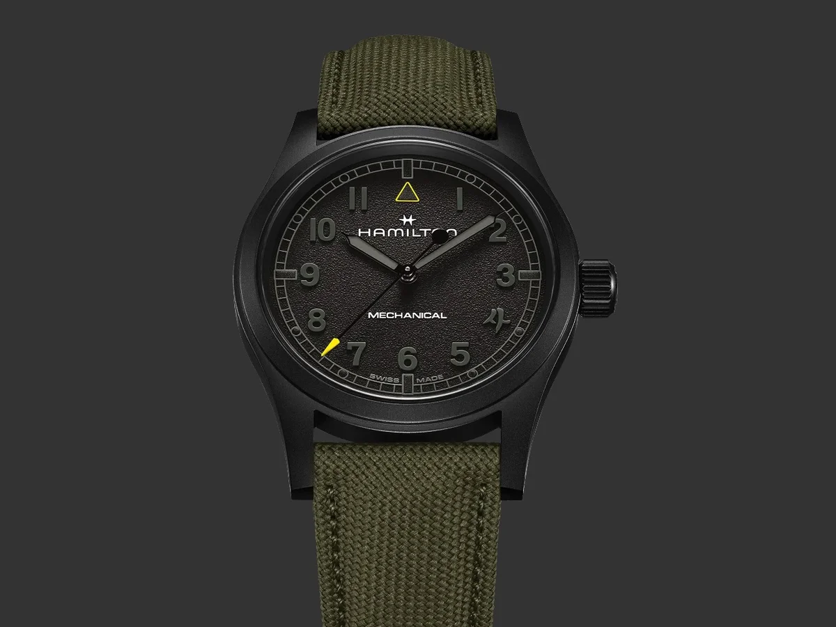 Black Hamilton Khaki Field watch with olive fabric strap