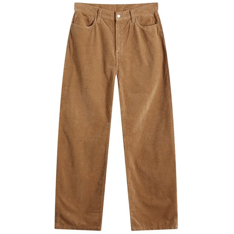 Tan corduroy trousers with front pockets and button closure
