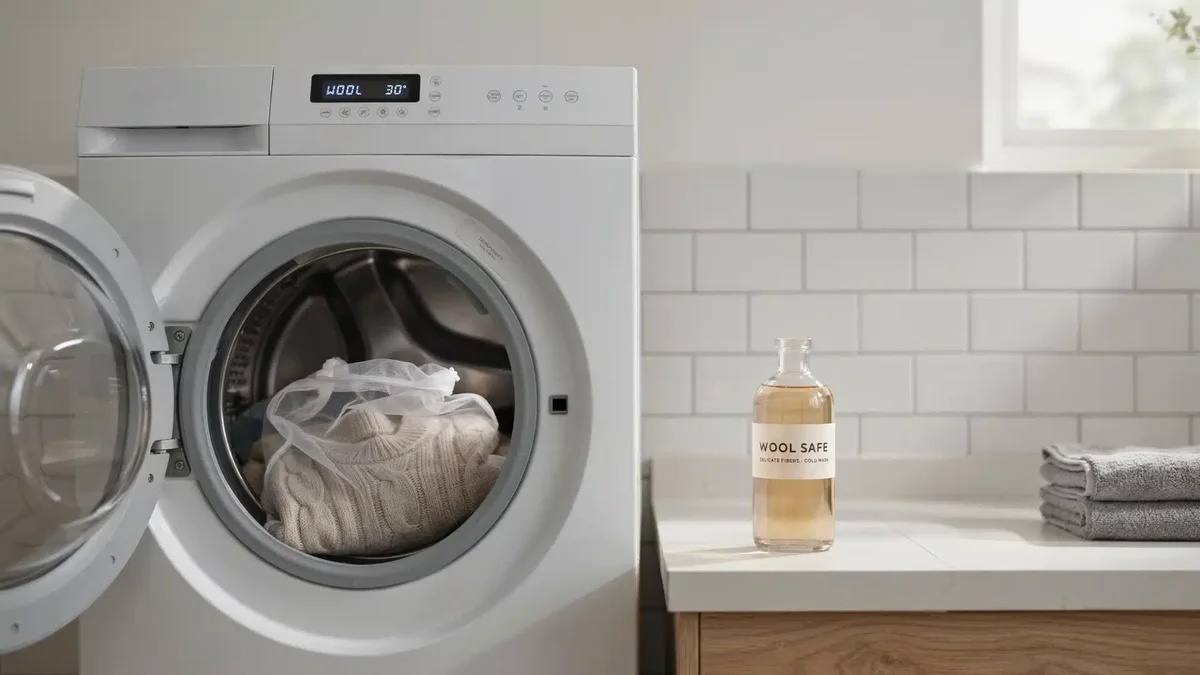 Wool cycle washing machine with a sweater in a mesh bag