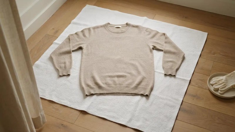 Cashmere sweater drying flat on a towel away from heat